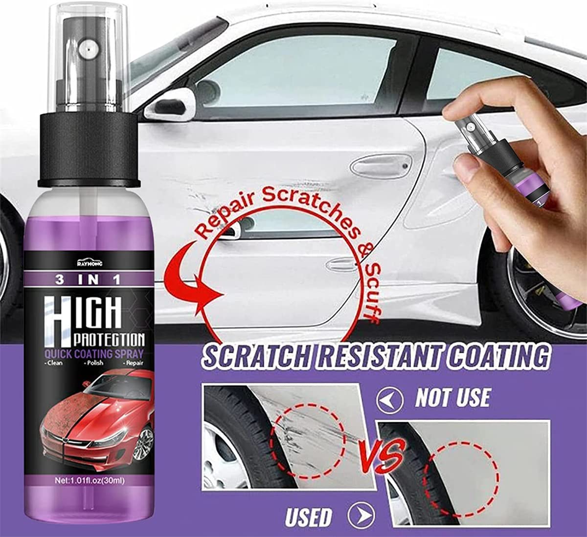 Rayhong 3-in-1 High Protection Quick Coating Spray - Ceramic Waterless Wash, Polish & Paint Sealant - Scratch Repair & Scuff Remover (30ml)