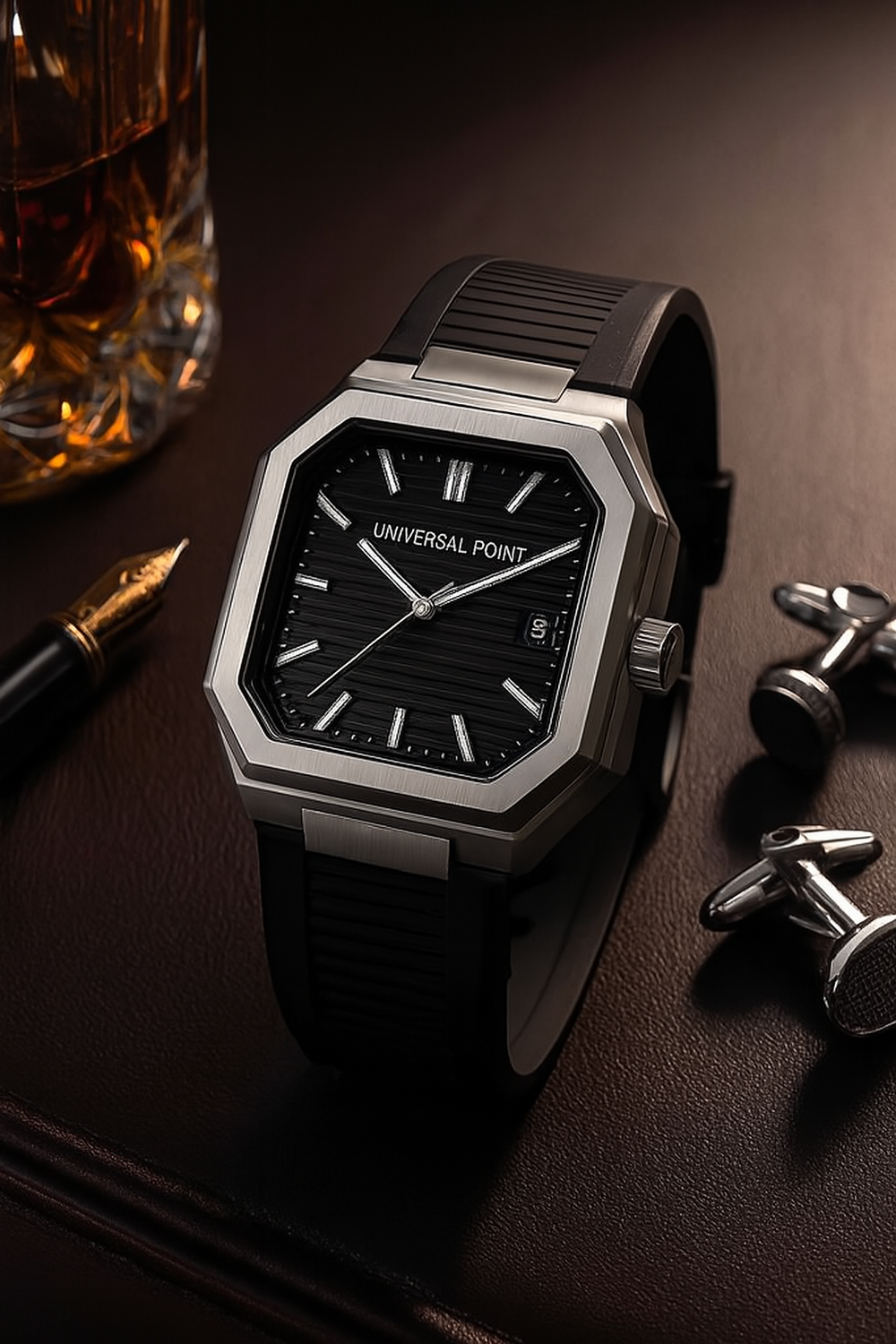 Universal Point UP 1988 Square Dial Watch – Leather Strap, 3 ATM WR Steel Case X