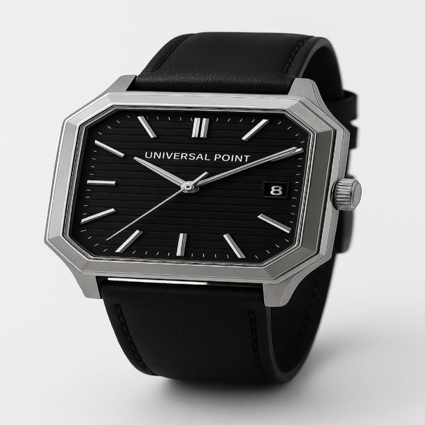 Universal Point UP 1988 Square Dial Watch – Leather Strap, 3 ATM WR Steel Case X