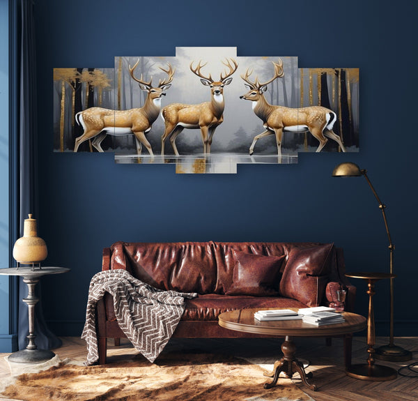 Set of 5 Frames | 3 Deer Picture | 16x40 Inch | Wooden Sticky Tiles | Easy Wall Mount with Double Tape