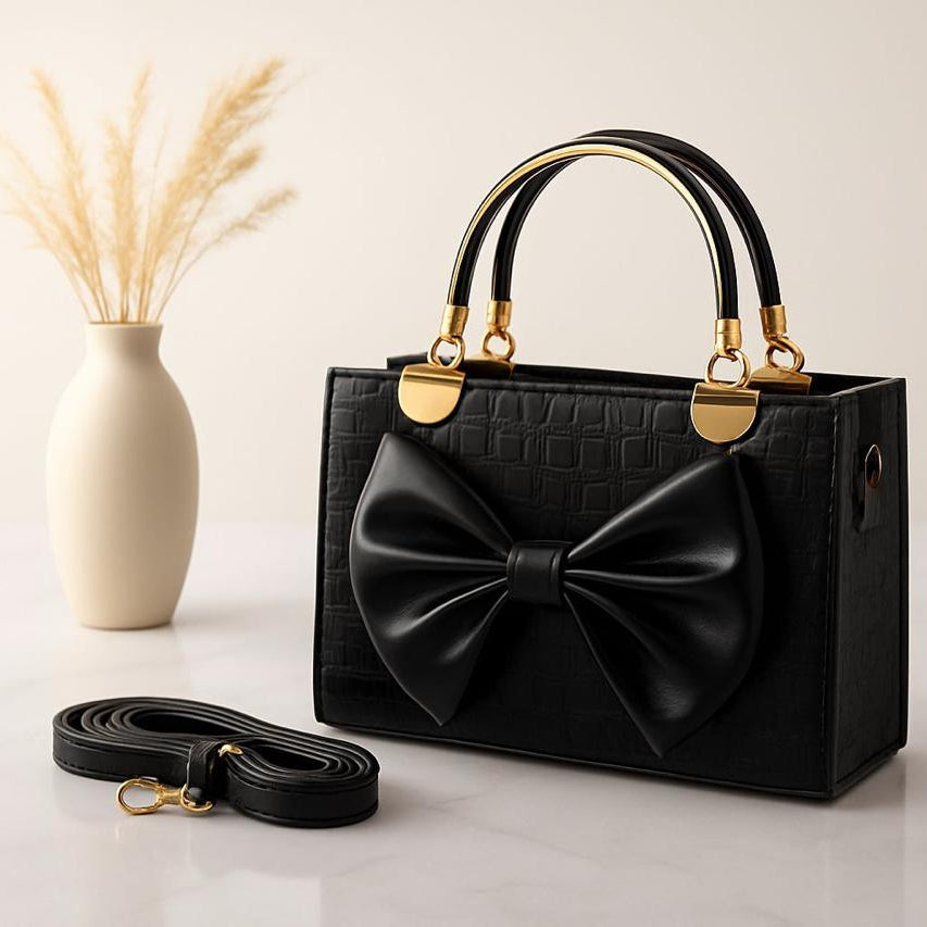 Crocodile Bow Handbag Elegant Stylish And Durable Design For Fashionable Daily Carry And Special Occasions - Black