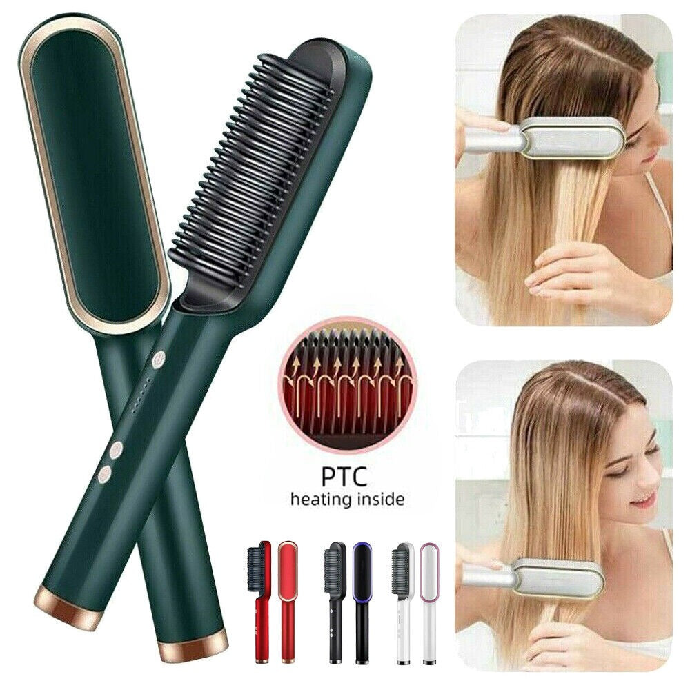909 Hair Straightening Brush – 2-in-1 Electric Straightener & Curler