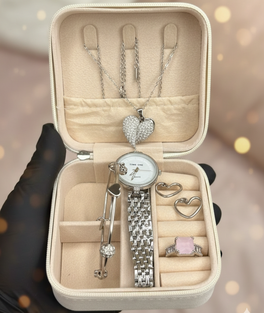 Elegant Heart & Stone 5-Piece Women’s Jewelry Set – Imported