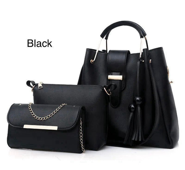 Elegant 3-Piece Women’s Handbag Set – Black Shoulder, Crossbody & Clutch